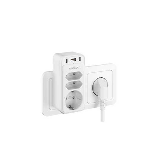 Six-in-one power socket featuring two USB-C ports and one USB port