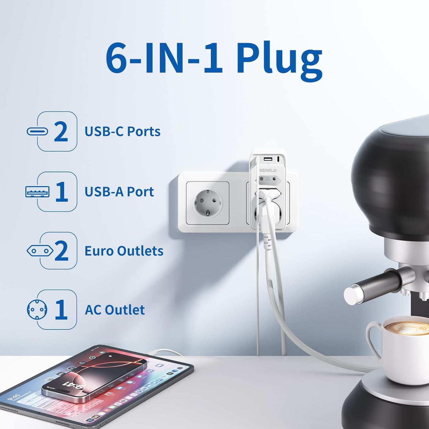 Six-in-one power socket featuring two USB-C ports and one USB port
