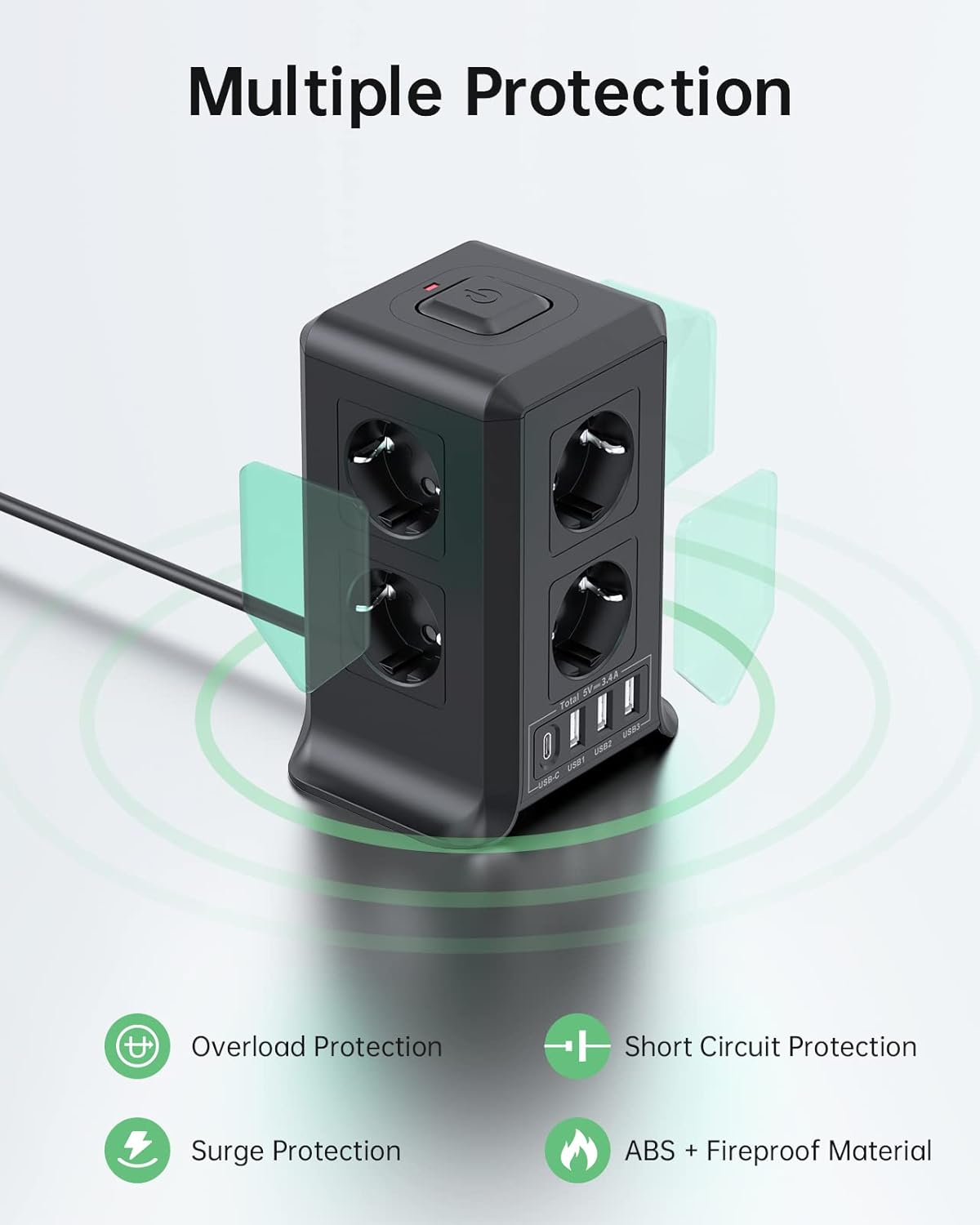 Multi-port power strip with switch, Sameriver 8-outlet power strip