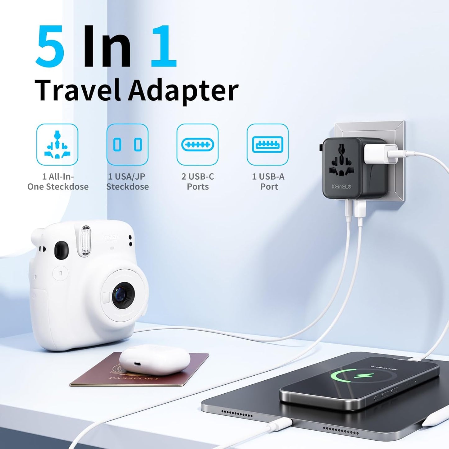 5-in-1 Worldwide Travel Adapter, Universal Adapter with USB Type-A