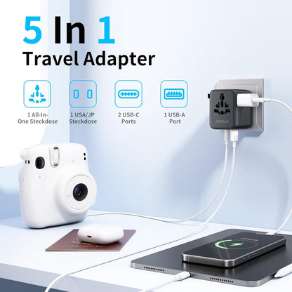 5-in-1 Worldwide Travel Adapter, Universal Adapter with USB Type-A