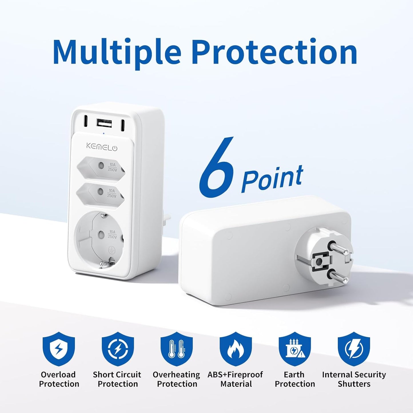 Six-in-one power socket featuring two USB-C ports and one USB port
