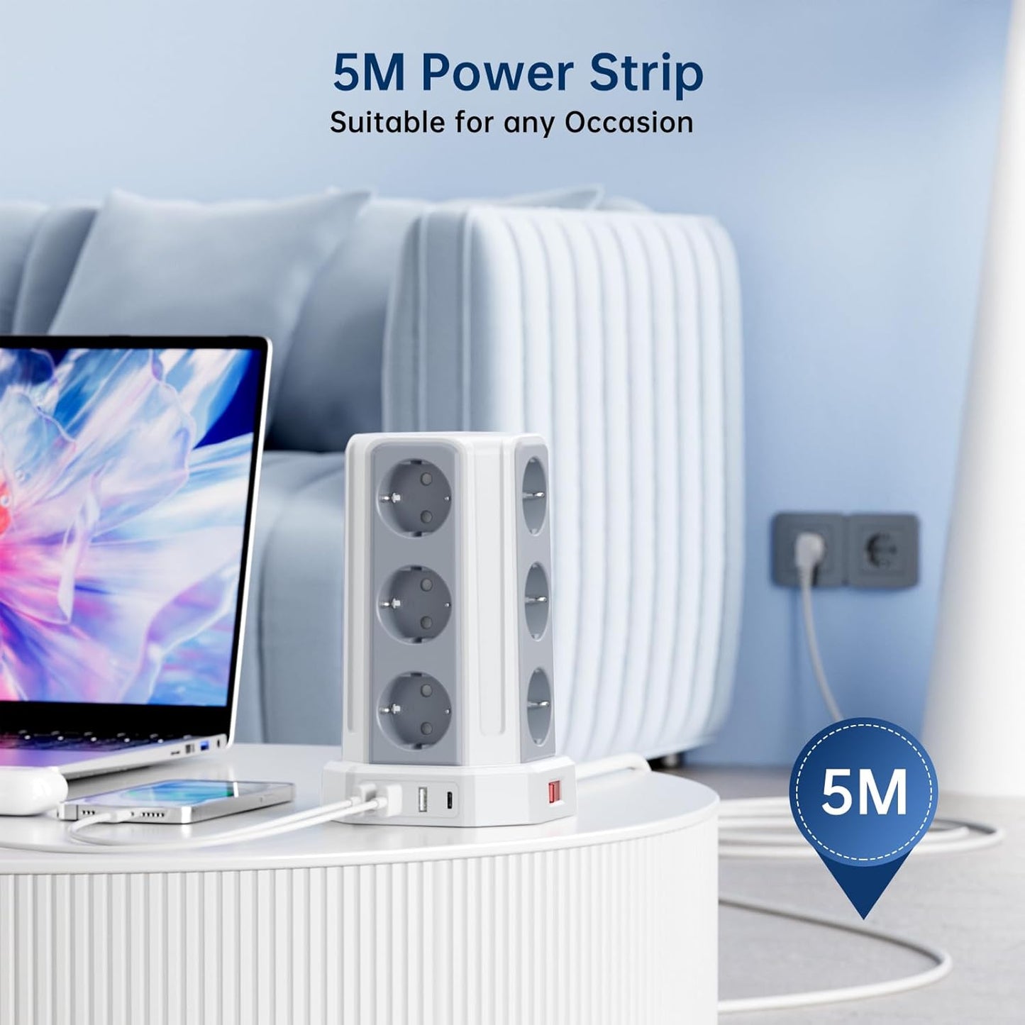 Sameriver 12-Outlet Power Strip with 5-Meter Extension Cord