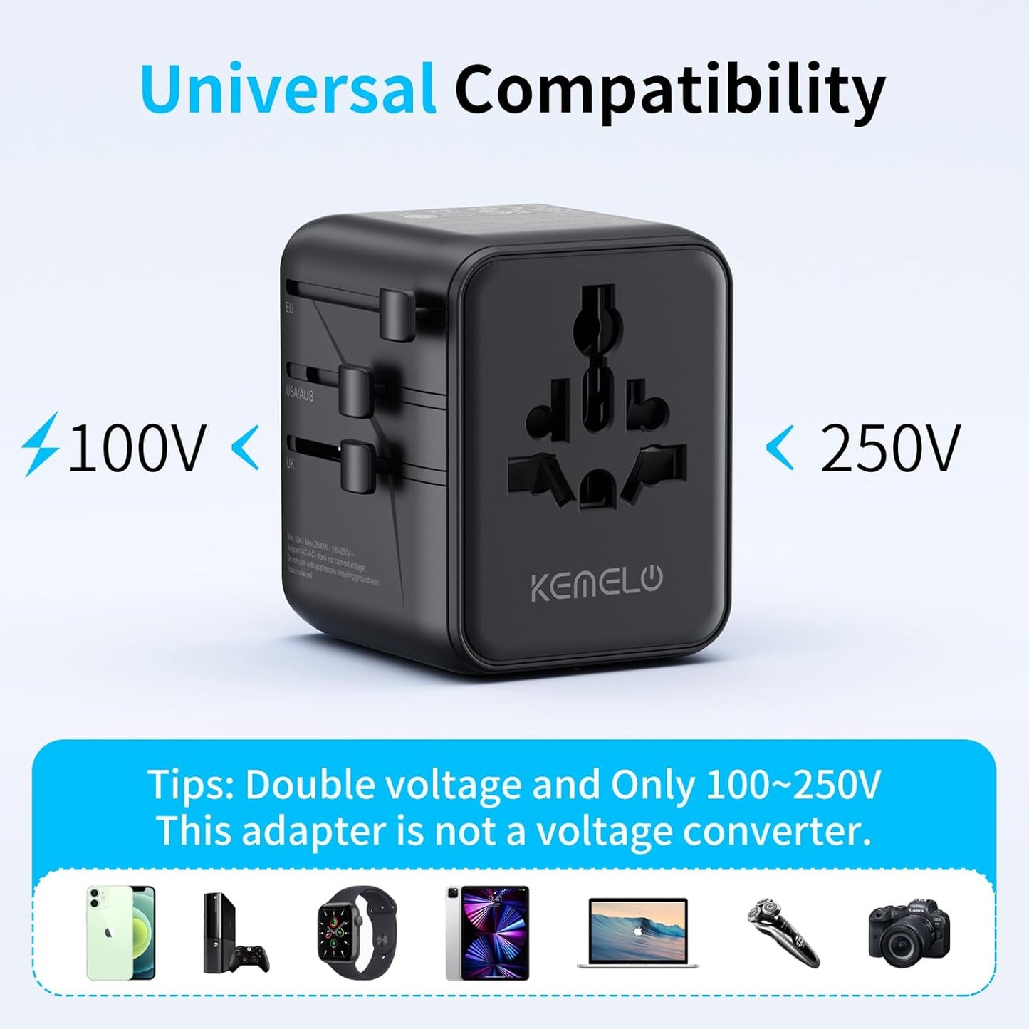 5-in-1 Worldwide Travel Adapter, Universal Adapter with USB Type-A