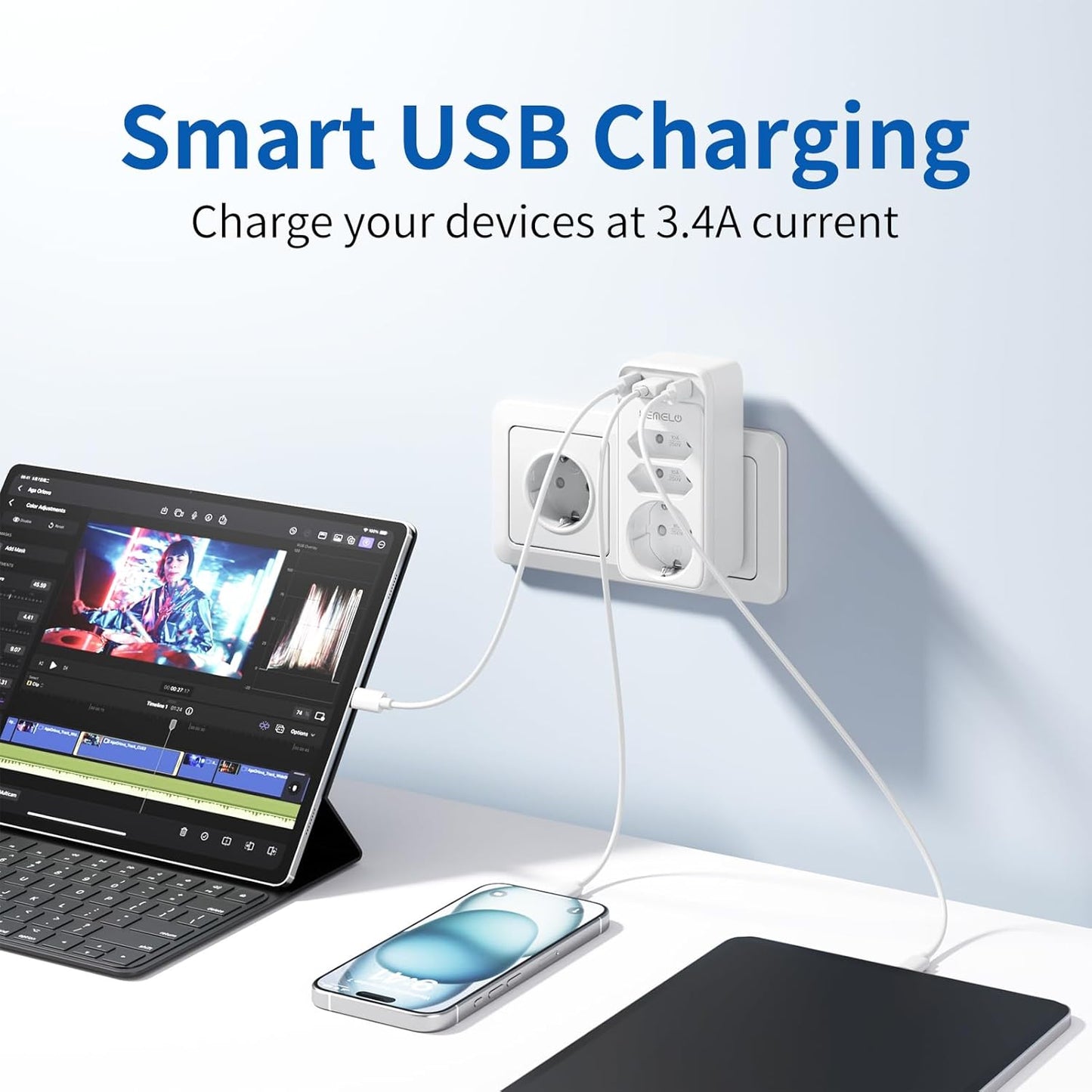 Six-in-one power socket featuring two USB-C ports and one USB port