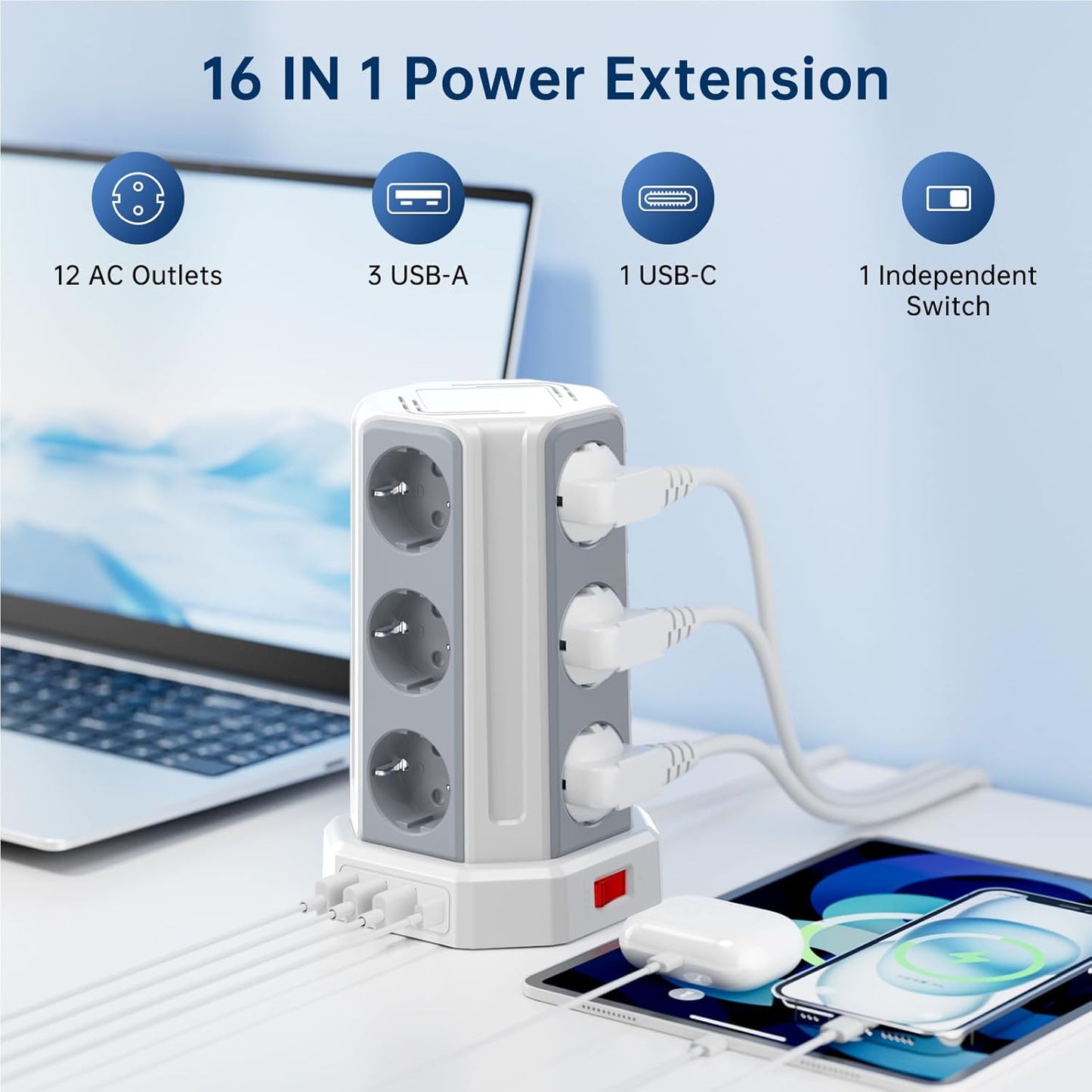 Sameriver 12-Outlet Power Strip with 5-Meter Extension Cord