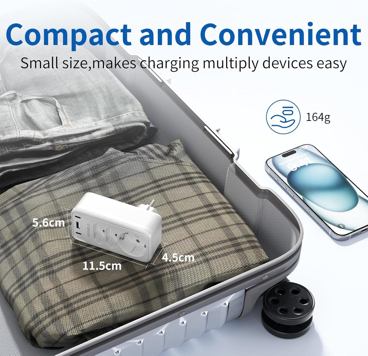 Six-in-one power socket featuring two USB-C ports and one USB port